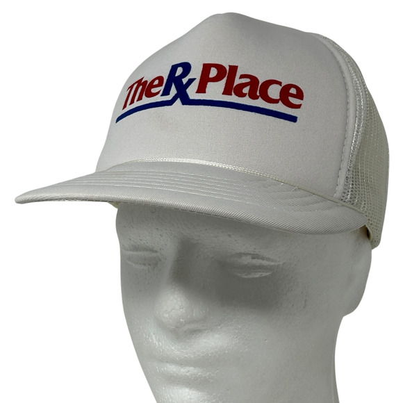 Vintage 80s The RX Place Drug Store Trucker Hat Cap Pharmacy Mesh Snapback White - Picture 1 of 9